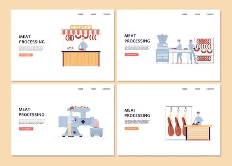 A set of vector landing pages templates for industrial meat factory. Illustrazione stock