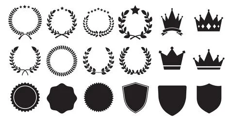 Set of vector laurel wreaths, crowns, frames, different shapes, black. Stock Illustration