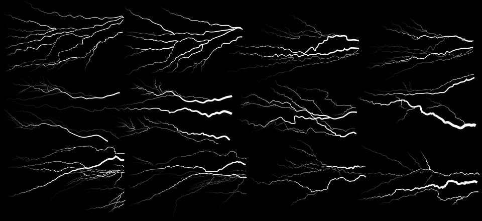 Set of vector lightnings on a black background. Curvy streamlines. Stock Illustration