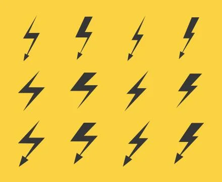 Set of vector lightnings over yellow background Stock Illustration