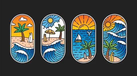 Set of vector line art beach Stock Illustration