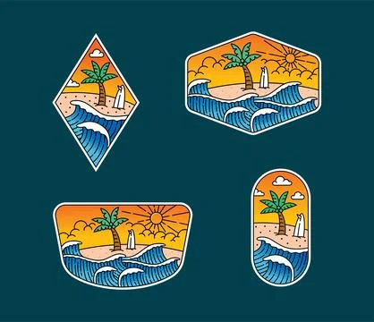 Set of vector line art beach designs Stock Illustration