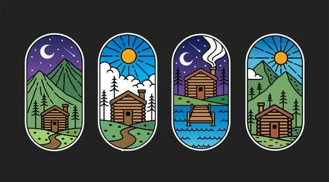 Set of vector line art cabin Stock Illustration