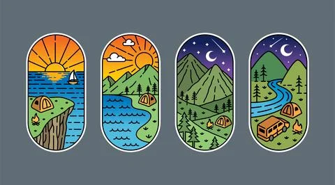 Set of vector line art camping designs Illustrazione stock
