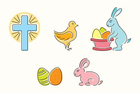 Set of vector line art Easter icons: rabbit, cross, eggs, chicken, busket Stock Illustration