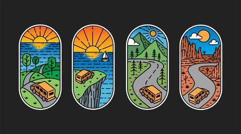 Set of vector line art holiday trip by car Stock Illustration