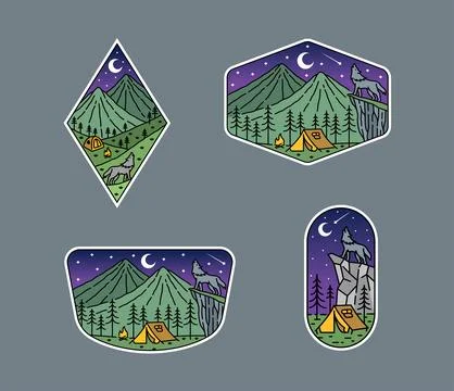 Set of vector line art outdoor designs Stock Illustration