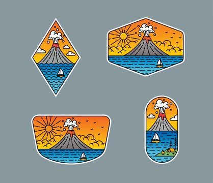 Set of vector line art volcano designs Stock Illustration