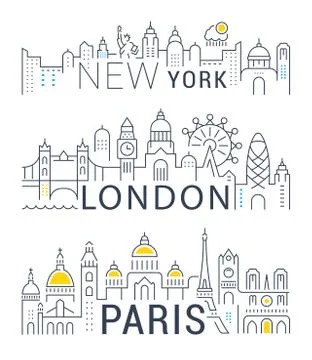 Set Vector Line Banners Paris, London and New York Stock Illustration