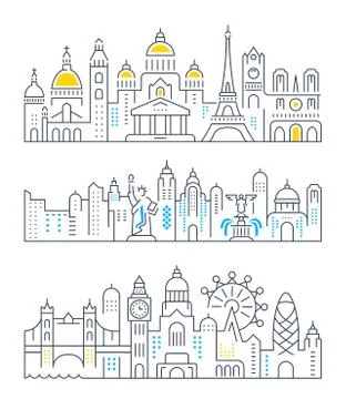 Set Vector Line Banners Paris, London and New York Stock Illustration