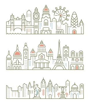 Set Vector Line Banners Paris, London and New York Stock Illustration