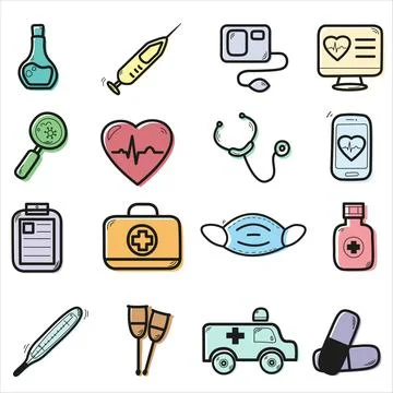 Set vector line color icons, sign and symbols in flat design medicine and hea Stock Illustration