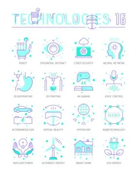 Set Vector Line Flat Icons of Future Technologies Stock Illustration