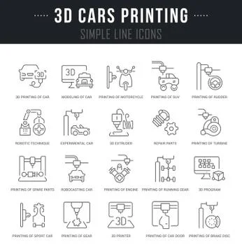 Set Vector Line Icons of 3D Cars Printing. 스톡 일러스트
