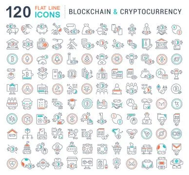 Set Vector Line Icons of Blockchain and Cryptocurrency. Stock Illustration