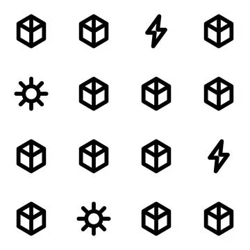 Set of Vector Line Icons Featuring Cube Shapes Sun Symbols and Flash Bolts .. Stock Illustration
