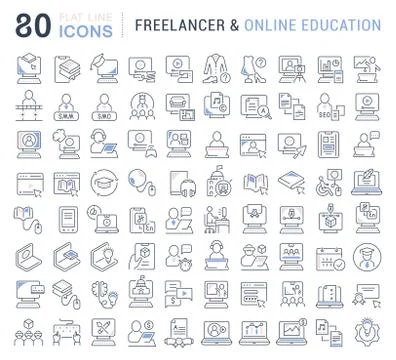 Set Vector Line Icons of Freelancer and Online Education. Illustrazione stock