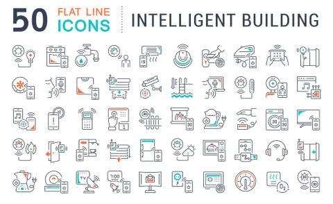 Set Vector Line Icons of Intelligent Building. Stock Illustration
