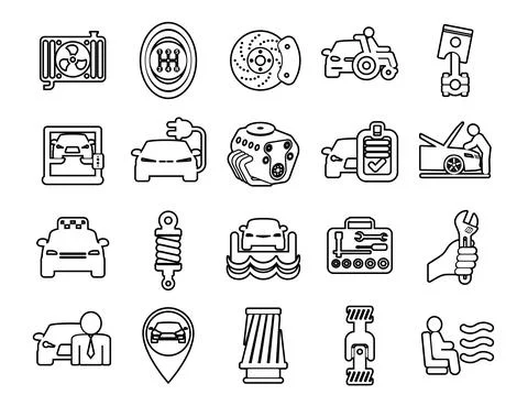 Set vector line icons with open path cars elements for mobile concepts and we Illustrazione stock