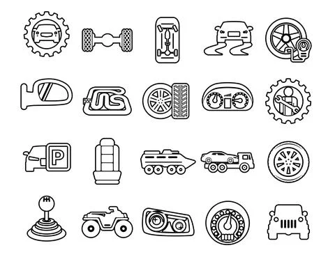 Set vector line icons with open path cars elements for mobile concepts and we Illustrazione stock