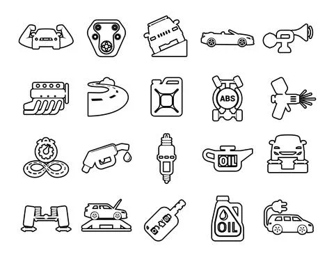 Set vector line icons with open path cars elements for mobile concepts and we Illustrazione stock