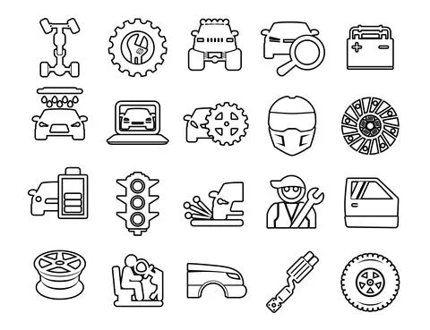 Set vector line icons with open path cars elements for mobile concepts and we Illustrazione stock