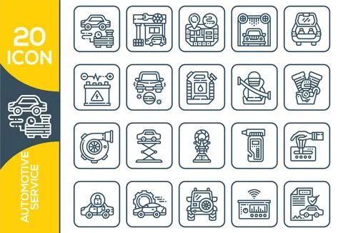 Set vector line icons with open path car service, auto repair and transport w Stock Illustration