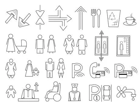 Set of vector line icons ready to use in a wayfinding system. Stock Illustration