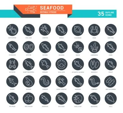 Set Vector Line Icons of Seafood. Free Stock Illustration