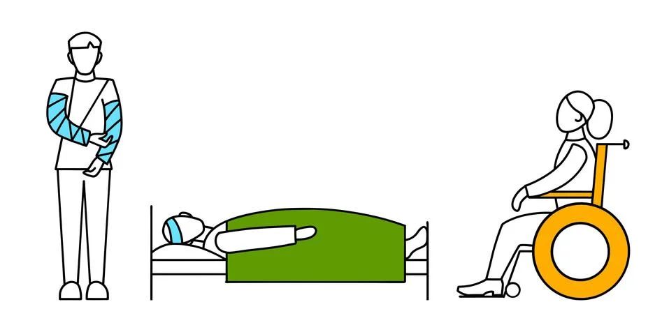A set of vector line icons for sick person, disabled person, isolated on a white Stock Illustration