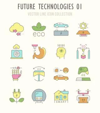 Set Vector Line Retro Flat Icons of Future Technologies. Free Stock Illustration