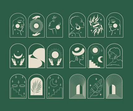Set of vector linear aesthetic emblems with people and nature Stock Illustration