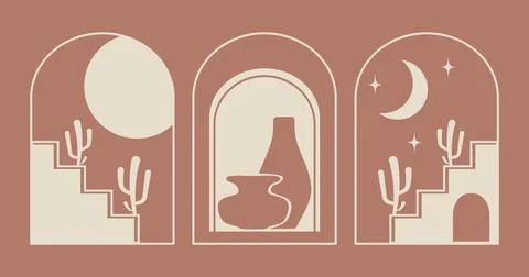 Set of vector linear boho emblems with east elements. Morocco architecture Illustrazione stock