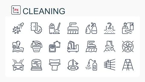 A set of vector linear icons. Cleaning, home care. Illustrazione stock