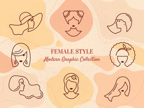 Set of vector linear silhouettes of women and girls styles isolated on colorful Stock Illustration