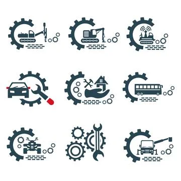 A set of vector logos of construction equipment and tools. Stock Illustration