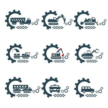 A set of vector logos of construction vehicles and car. Stock Illustration