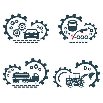 A set of vector logos of construction vehicles and car. Stock Illustration