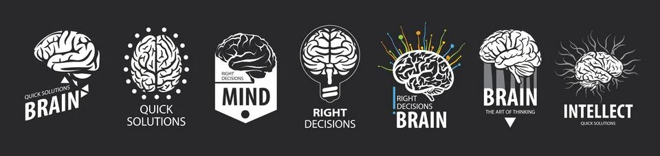 A set of vector logos with a hand-drawn brain Illustrazione stock