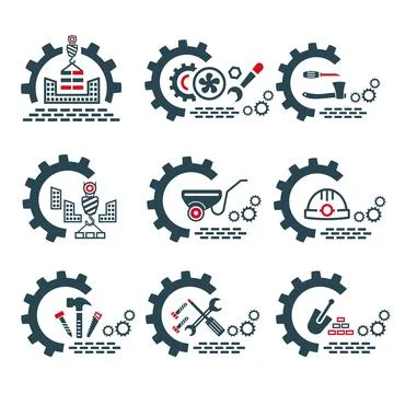 A set of vector logos of industry and construction tools. Stock Illustration