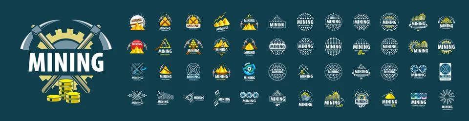 A set of vector logos of Mining Cryptocurrencies on a blue background Illustrazione stock