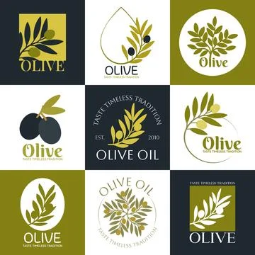 Set of vector logos of olive branch, tree, leaves and drops. Modern hand dr.. Stock Illustration