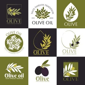Set of vector logos of olive branch, tree, leaves and drops. Modern hand dr.. Stock Illustration
