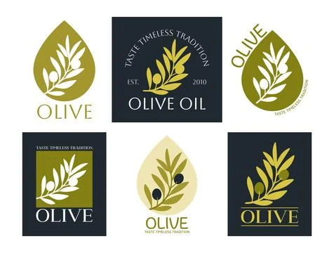 Set of vector logos of olive branch with leaves and drops. Modern hand draw.. Stock Illustration