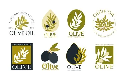 Set of vector logos of olive branch, tree, leaves and drops. Modern hand dr.. Stock Illustration