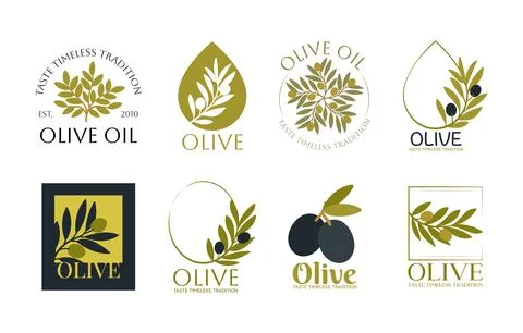Set of vector logos of olive branch, tree, leaves and drops. Modern hand dr.. Stock Illustration