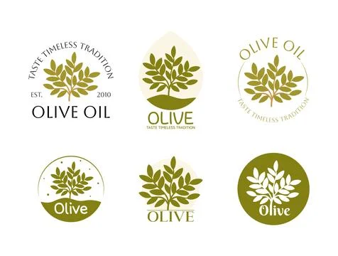 Set of vector logos of olive tree with leaves. Modern hand drawn vector oli.. Stock Illustration