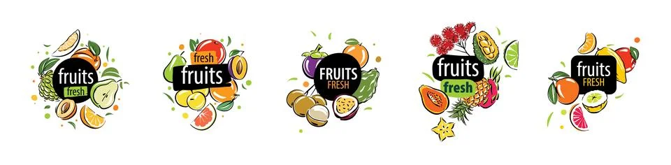 A set of vector logos with painted fresh fruits Stock Illustration