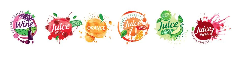 A set of vector logos with painted splashes of juice Stock Illustration