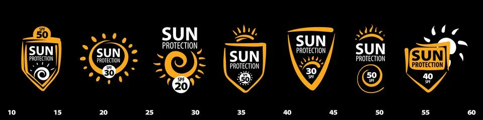A set of vector logos Sun protection on a black background Stock Illustration
